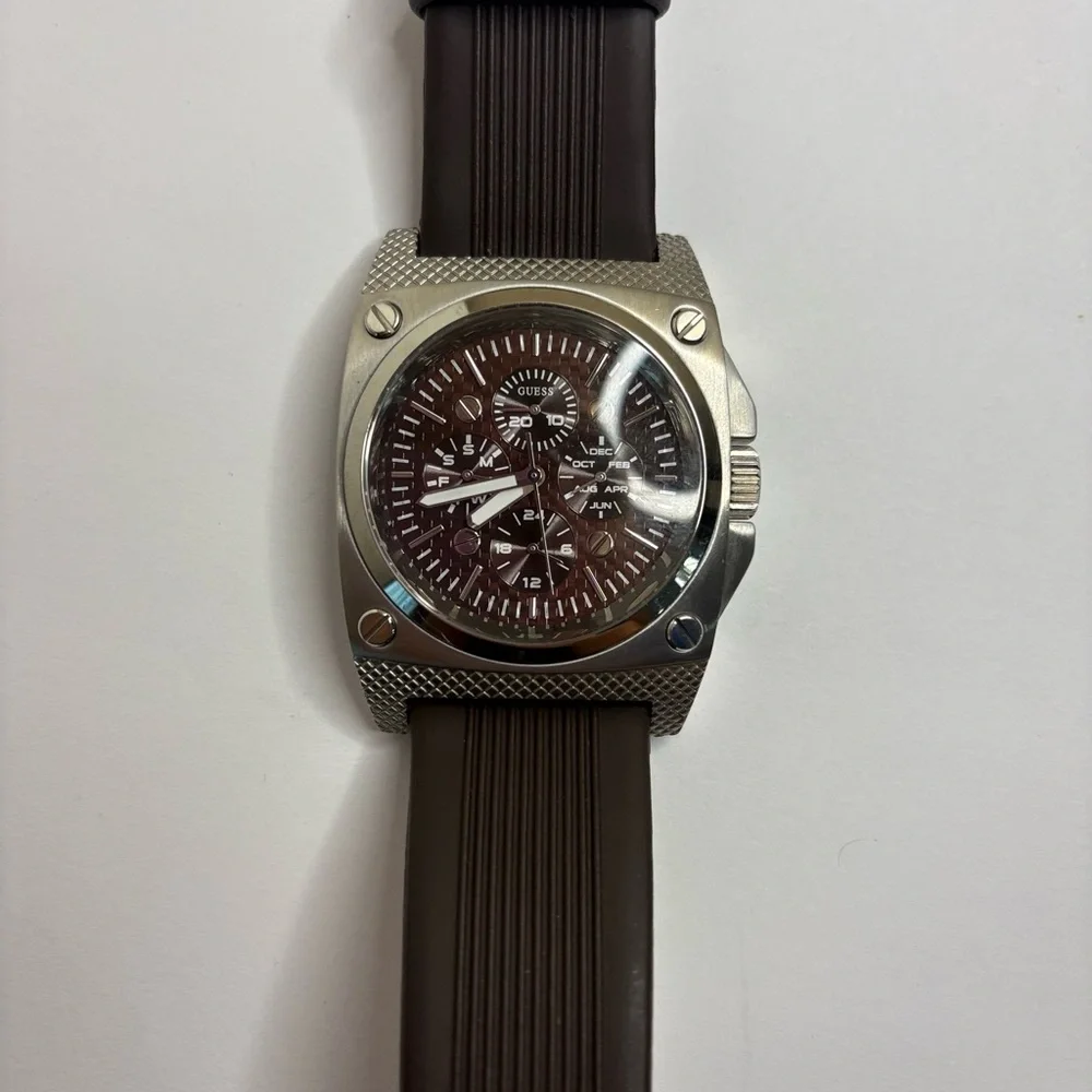 Guess Steel Men’s Multifunction Watch Brown Dial Rubber Strap
